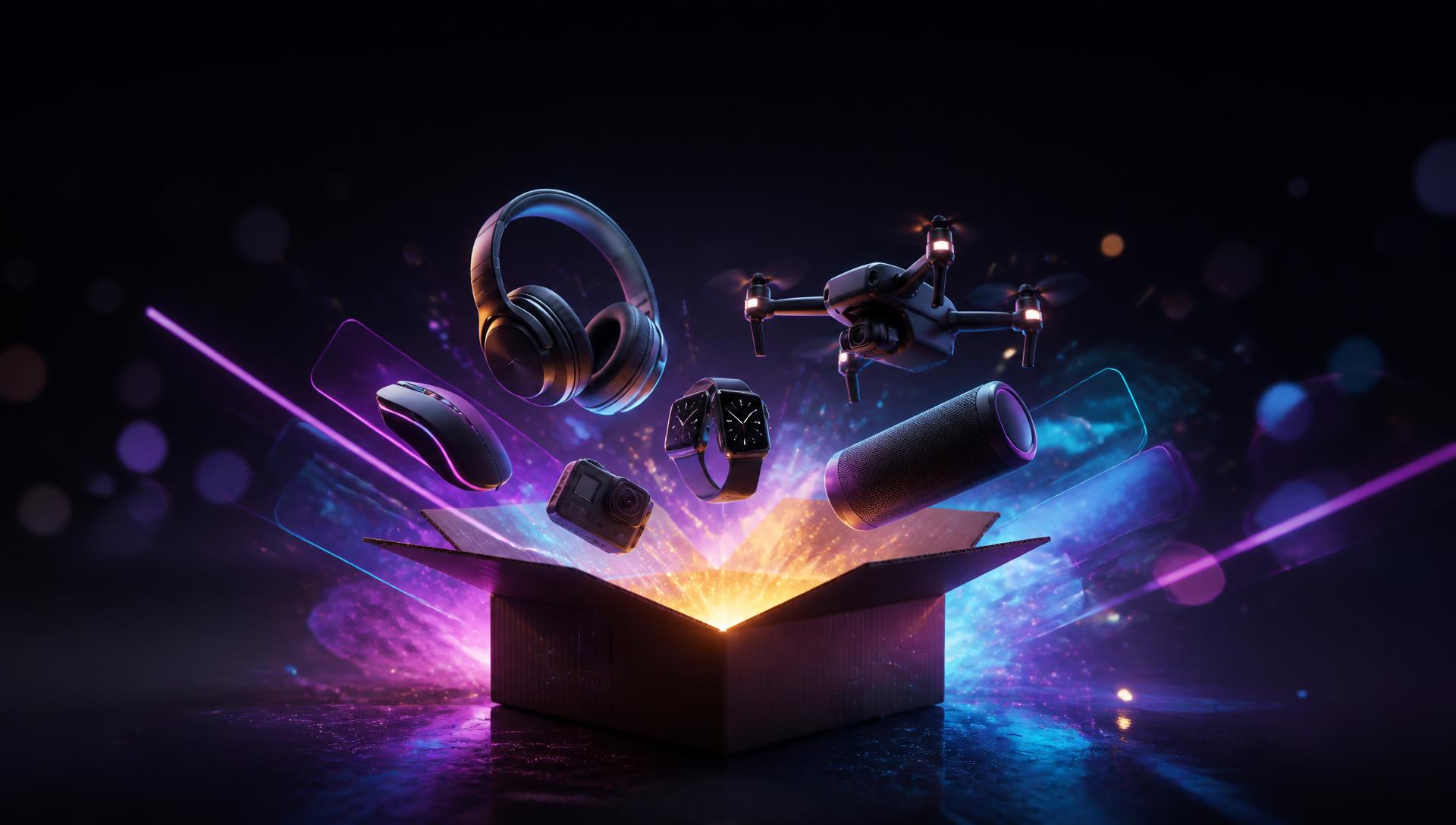 Mystery box Unboxia s elektronikou — sluchátka, hodinky, dron, reproduktor a herní vybavení