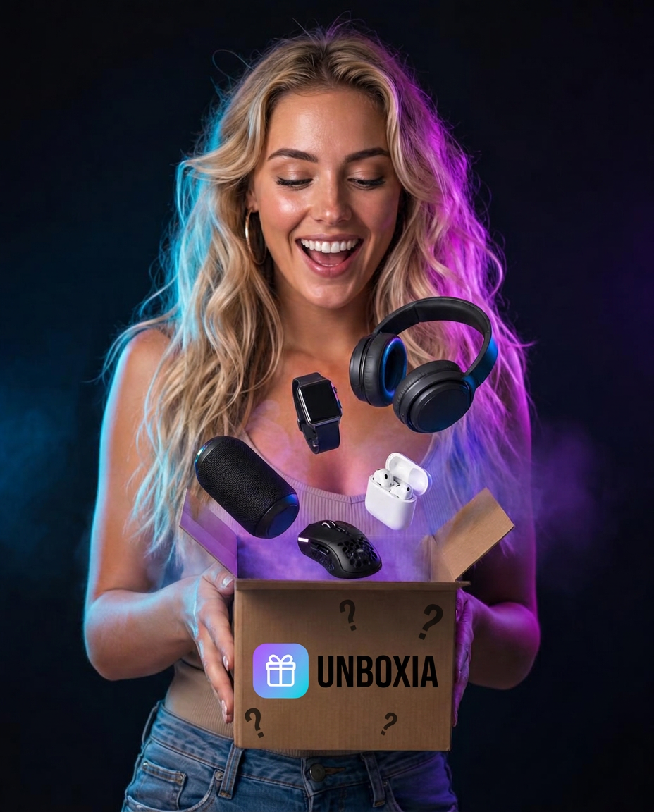 Šťastná zákaznice drží otevřený Unboxia Mystery Box, ze kterého vylétává elektronika
